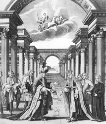 Die Verfassungen der Freimaurerei von James Anderson, Frontispiz, veröffentlicht von John Senex und John Hook, London, 1723